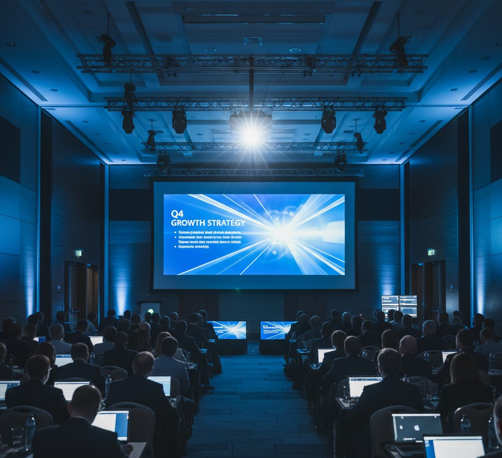 Projector displaying presentation onto large screen in a conference room