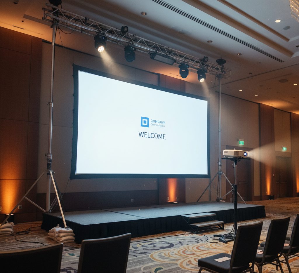 Fast-fold projector screen setup for an event