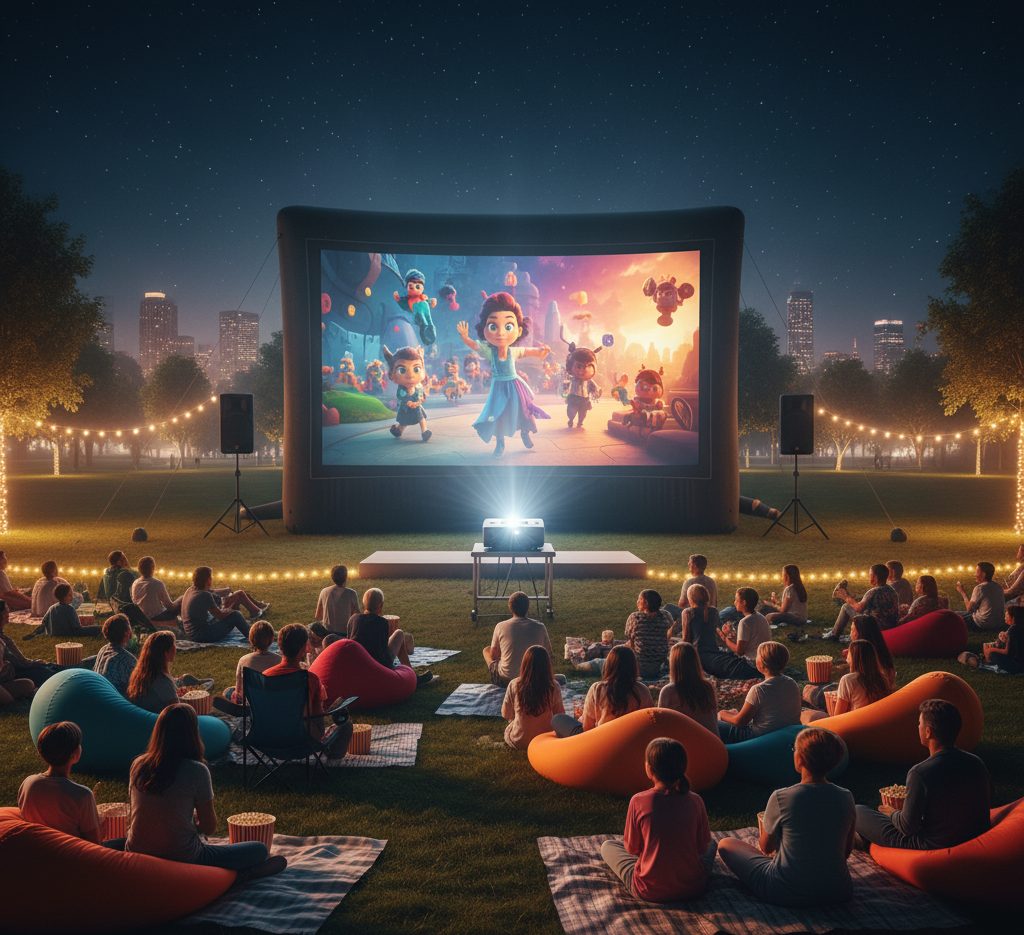 Outdoor cinema setup with inflatable screen and projector
