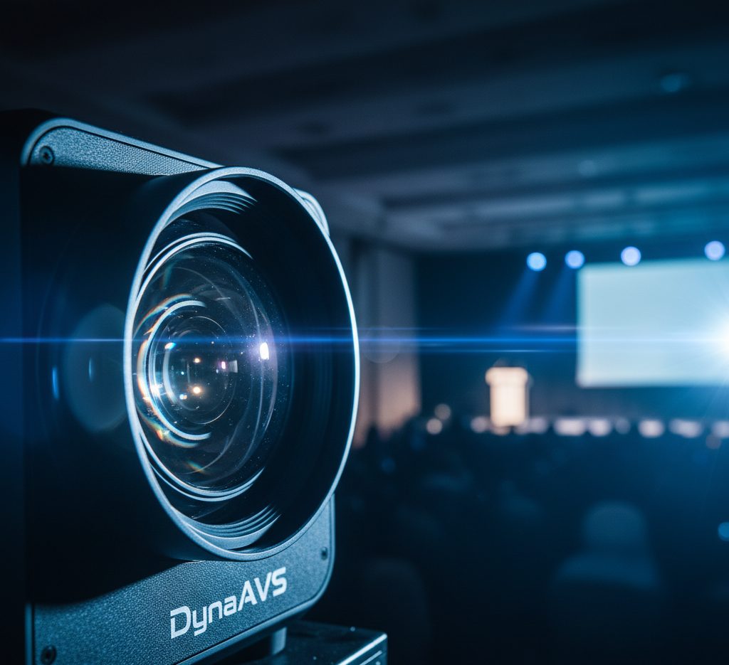 Close up view of a high-brightness event projector lens