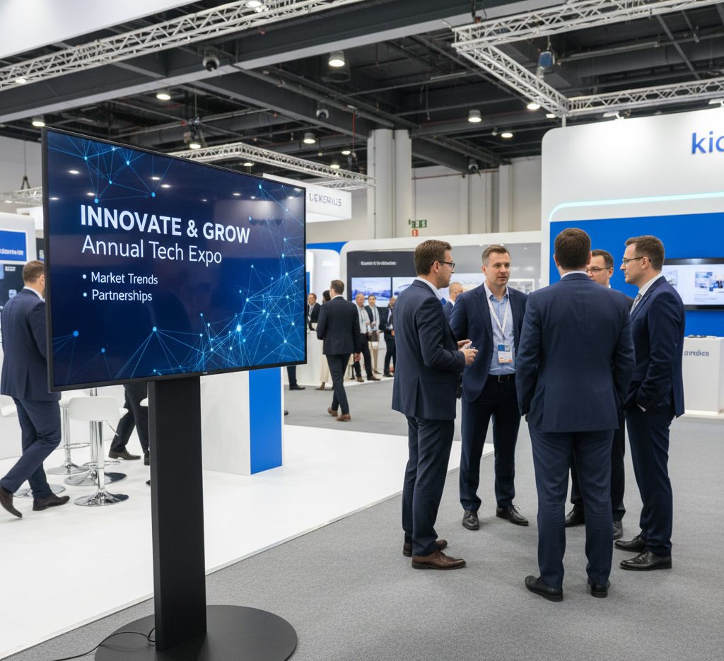 Large TV on stand displaying content at an exhibition booth